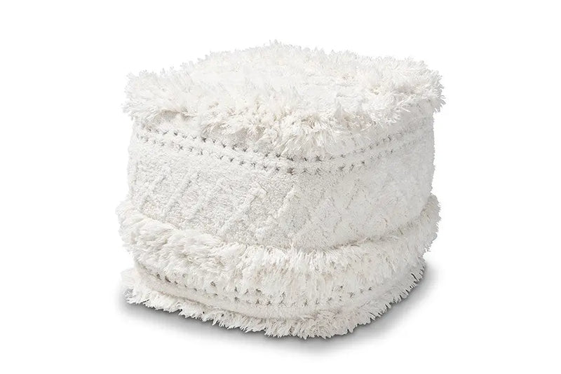 Jaxon Moroccan Inspired Ivory Handwoven Cotton Pouf Ottoman iHome Studio