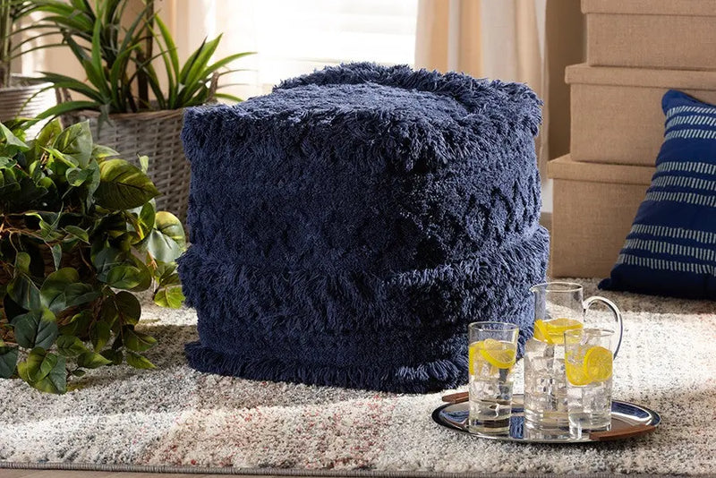 Jaxon Moroccan Inspired Navy Handwoven Cotton Pouf Ottoman iHome Studio