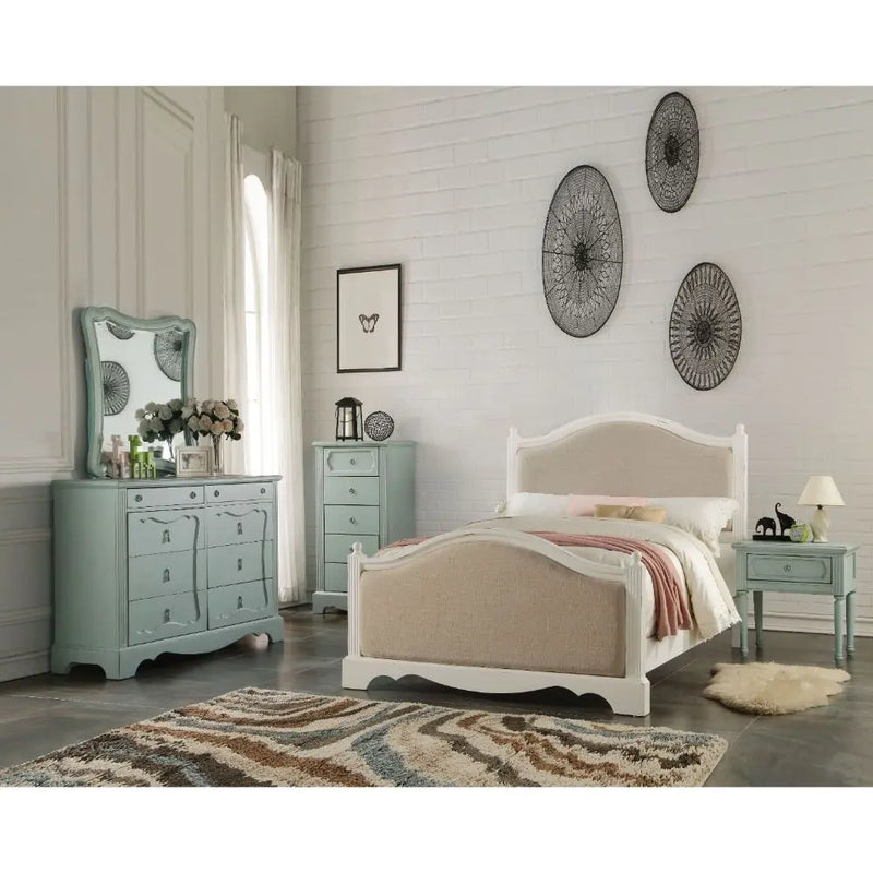 Jaxon Twin Bed w/Padded Headboard, Beige Linen & Antique White iHome Studio