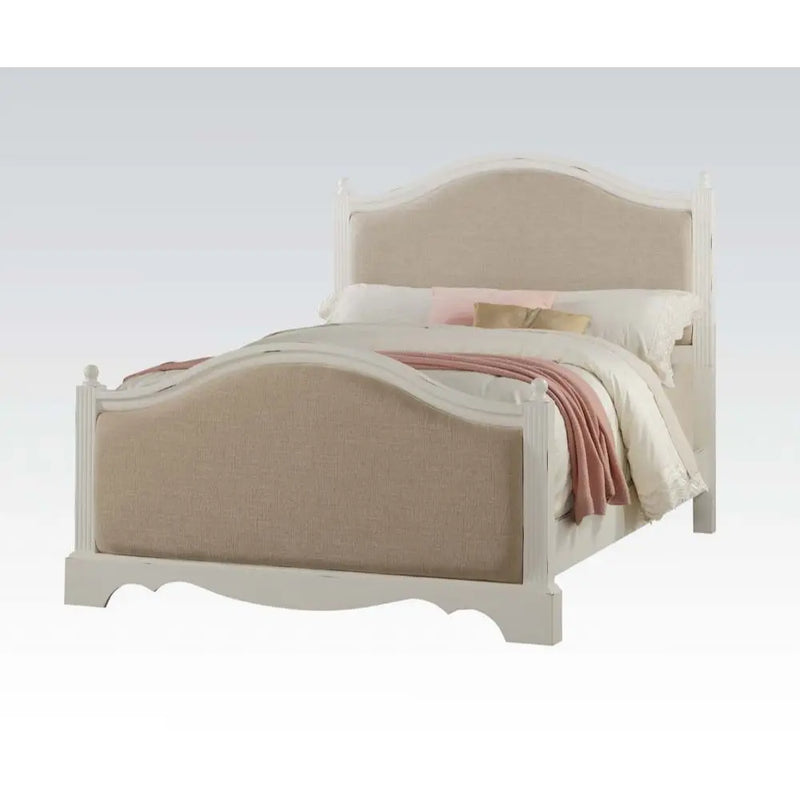 Jaxon Twin Bed w/Padded Headboard, Beige Linen & Antique White iHome Studio