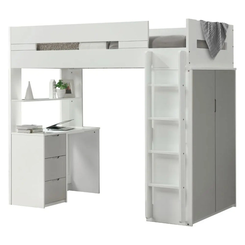 Jaxson Twin Loft Bed w/Desk and Wardrobe, White & Gray iHome Studio