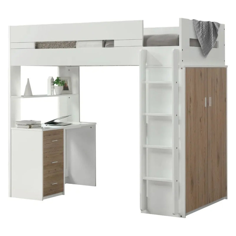 Jaxson Twin Loft Bed w/Desk and Wardrobe, White & Oak iHome Studio