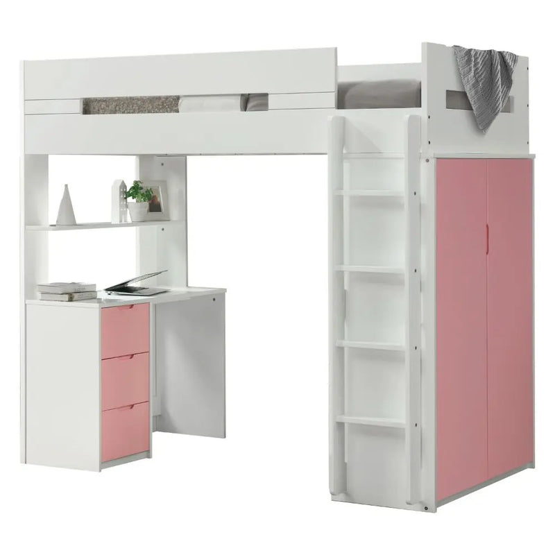 Jaxson Twin Loft Bed w/Desk and Wardrobe, White & Pink iHome Studio