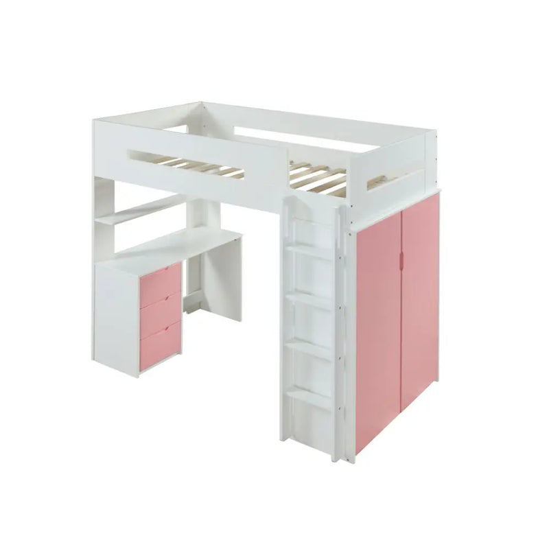 Jaxson Twin Loft Bed w/Desk and Wardrobe, White & Pink iHome Studio