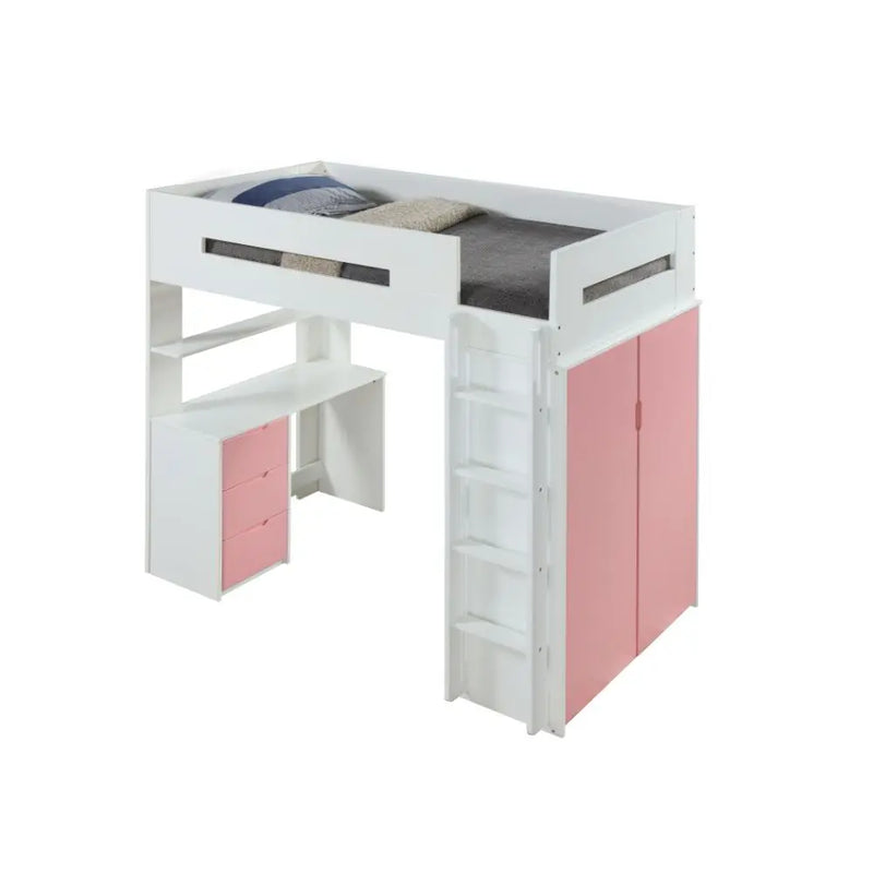 Jaxson Twin Loft Bed w/Desk and Wardrobe, White & Pink iHome Studio