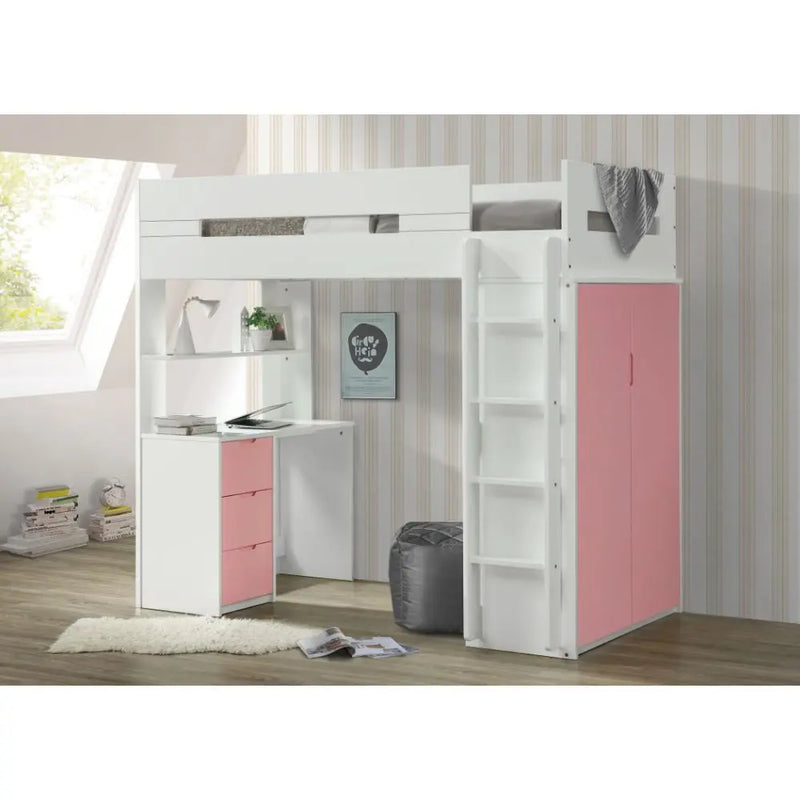 Jaxson Twin Loft Bed w/Desk and Wardrobe, White & Pink iHome Studio