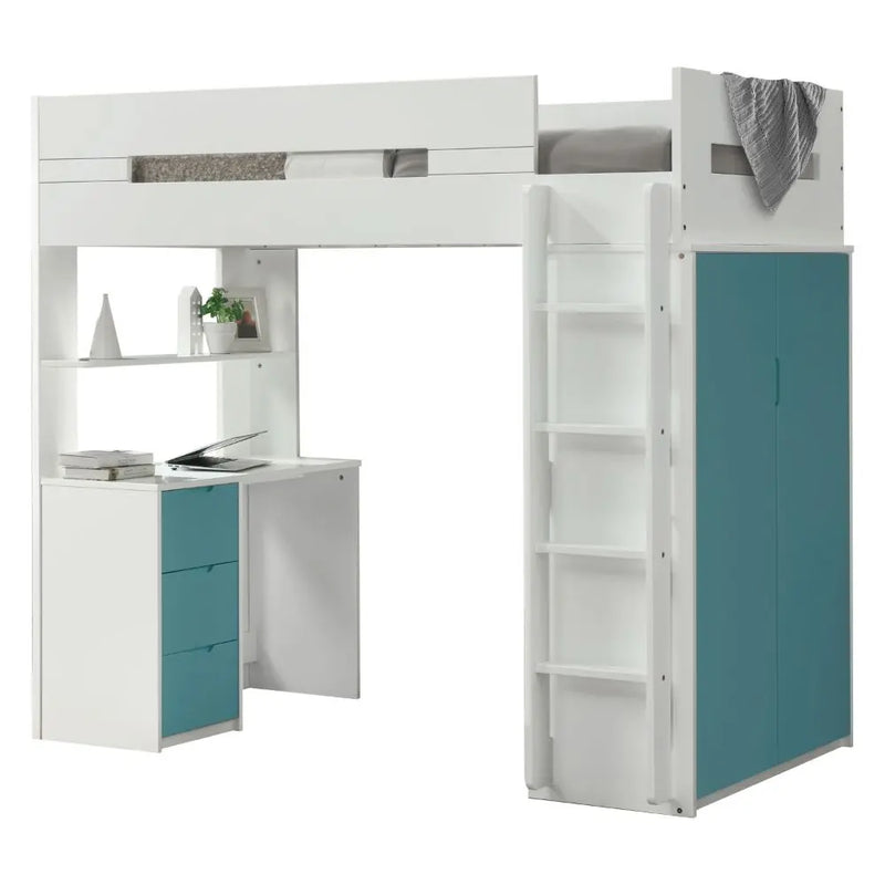 Jaxson Twin Loft Bed w/Desk and Wardrobe, White & Teal iHome Studio