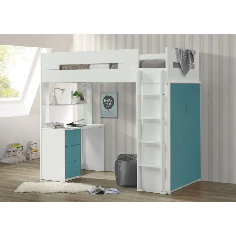 Jaxson Twin Loft Bed w/Desk and Wardrobe, White & Teal iHome Studio