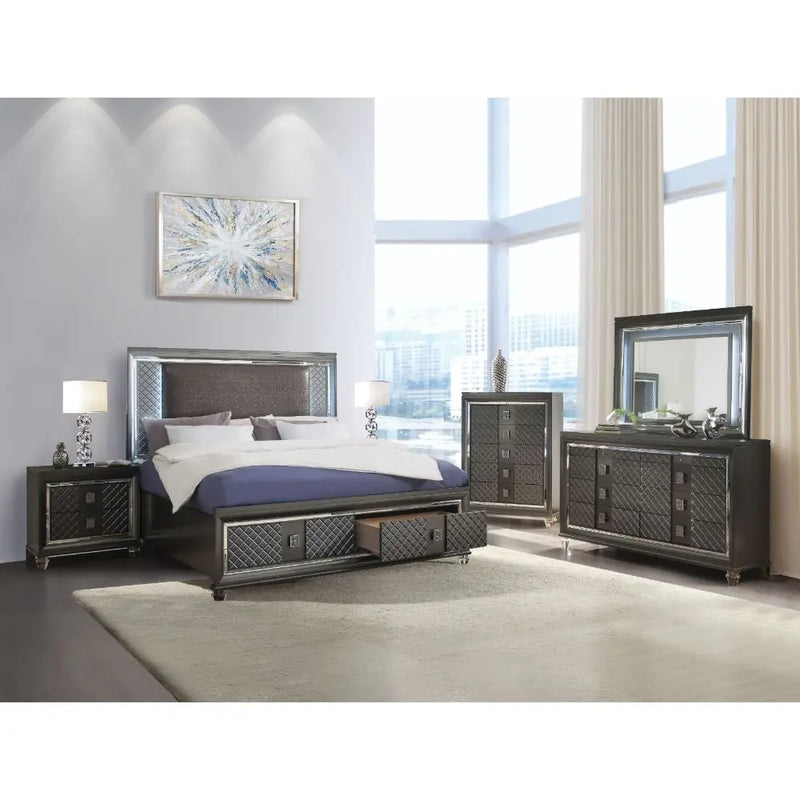 Jay Queen Bed, Faux Leather & Metallic Gray iHome Studio