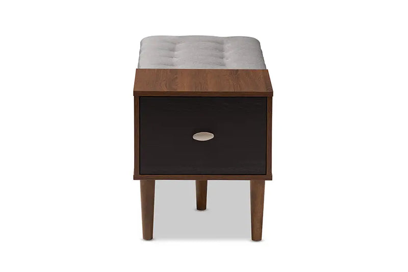 Jaycee 1-drawer 2-tone Oak/Dark Brown Wood Entryway Storage Grey Fabric Cushioned Bench iHome Studio
