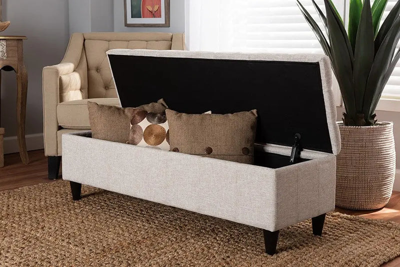 Jayden Beige Fabric Upholstered Dark Brown Finished Wood Storage Bench Ottoman iHome Studio