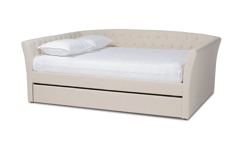 Jayleen Beige Fabric Upholstered Full Size Daybed w/Trundle Bed iHome Studio