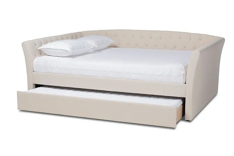 Jayleen Beige Fabric Upholstered Full Size Daybed w/Trundle Bed iHome Studio