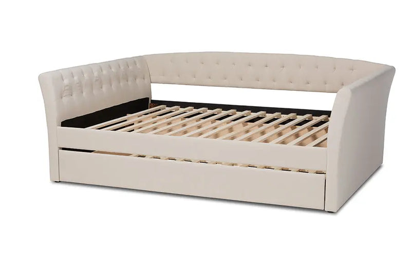 Jayleen Beige Fabric Upholstered Full Size Daybed w/Trundle Bed iHome Studio