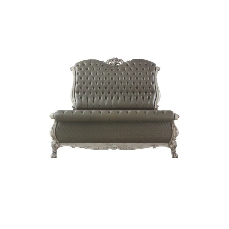 Jazlyn Queen Bed w/Rolled Headboard, Vintage White & Faux Leather iHome Studio