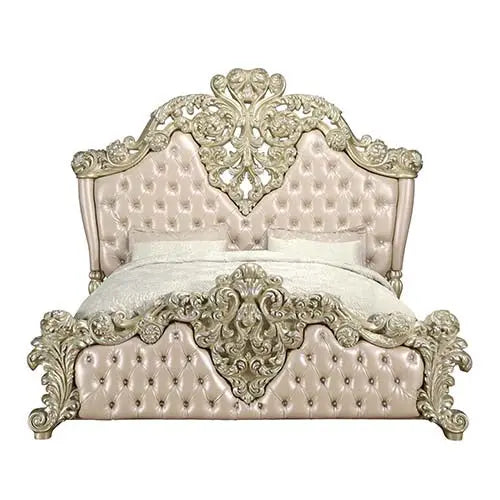 Jefferson King Bed, Faux Leather, Light Gold & Champagne Silver Finish iHome Studio