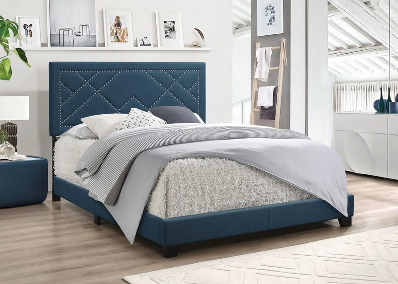 Jenesis Queen Bed, Dark Teal Fabric w/Nailhead Trim Headboard iHome Studio