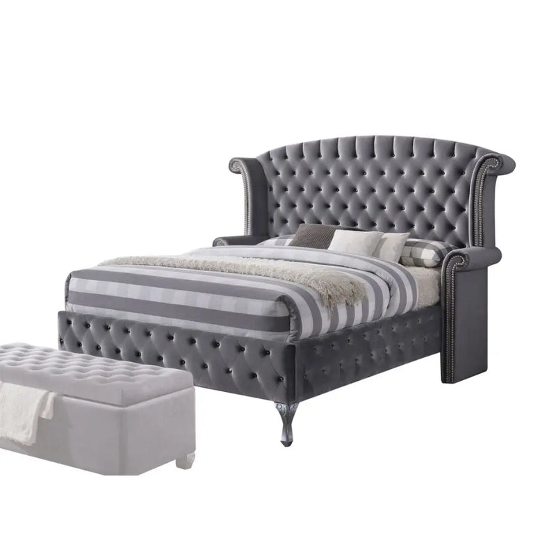 Jensen Button Tufted Wingback King Bed, Gray Velvet iHome Studio