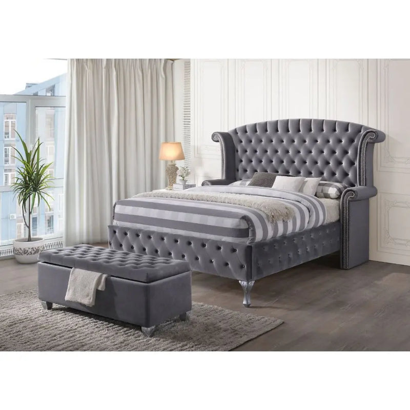 Jensen Button Tufted Wingback King Bed, Gray Velvet iHome Studio