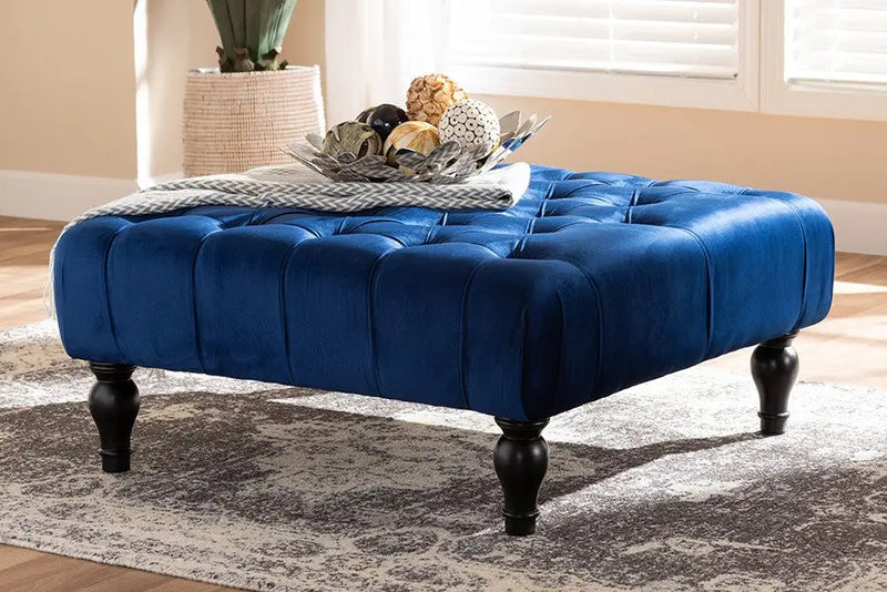 Jeremiah Transitional Blue Velvet Fabric Upholstered Button Tufted Cocktail Ottoman iHome Studio