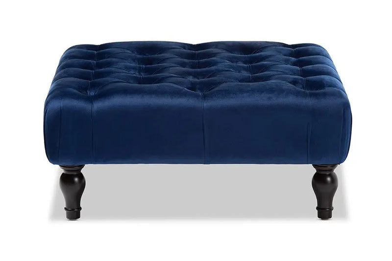 Jeremiah Transitional Blue Velvet Fabric Upholstered Button Tufted Cocktail Ottoman iHome Studio