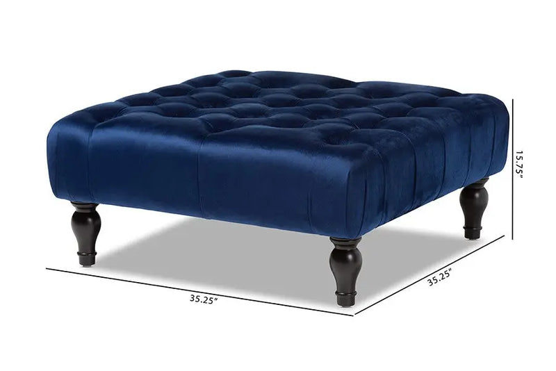 Jeremiah Transitional Blue Velvet Fabric Upholstered Button Tufted Cocktail Ottoman iHome Studio