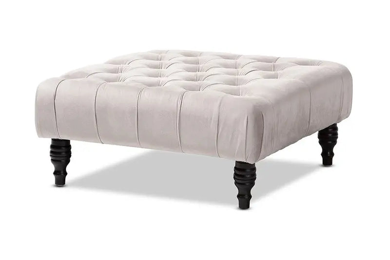 Jeremiah Transitional Grey Velvet Fabric Upholstered Button Tufted Cocktail Ottoman iHome Studio
