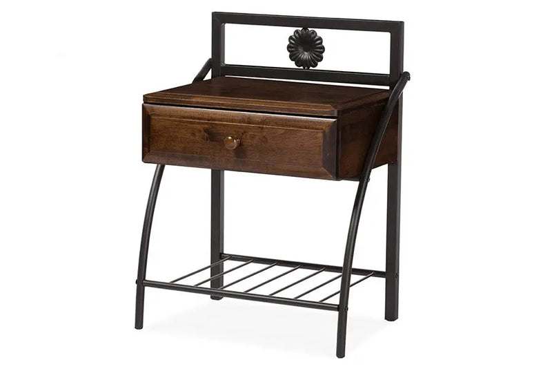 Jevenci Vintage Antique Dark Bronze Metal and Walnut Wood 1-drawer Nightstand iHome Studio