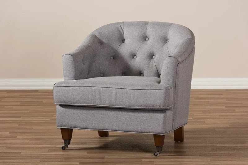 Jilian Light Grey Fabric Upholstered Walnut Wood Button-Tufted Armchair iHome Studio