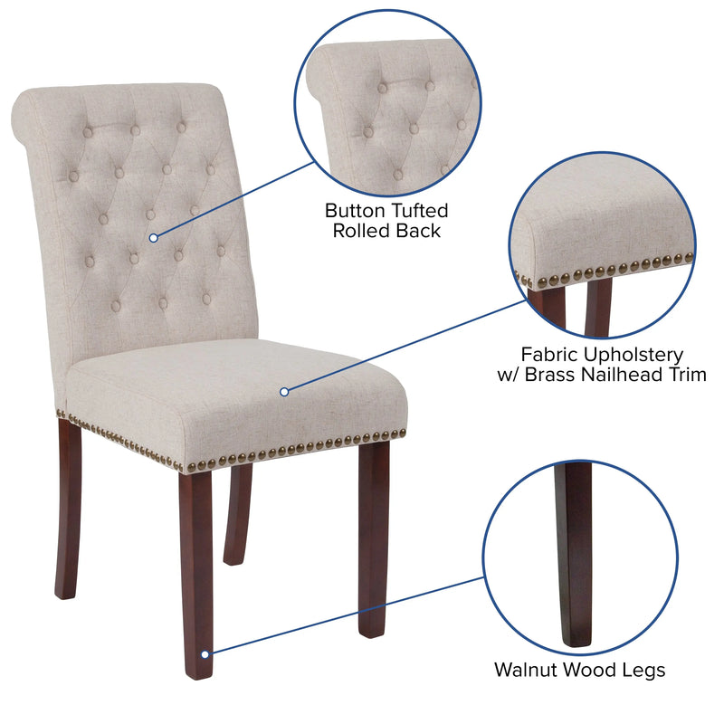 Joanne Beige Fabric Parsons Chair with Rolled Back, Nail Trim/Walnut Finish iHome Studio