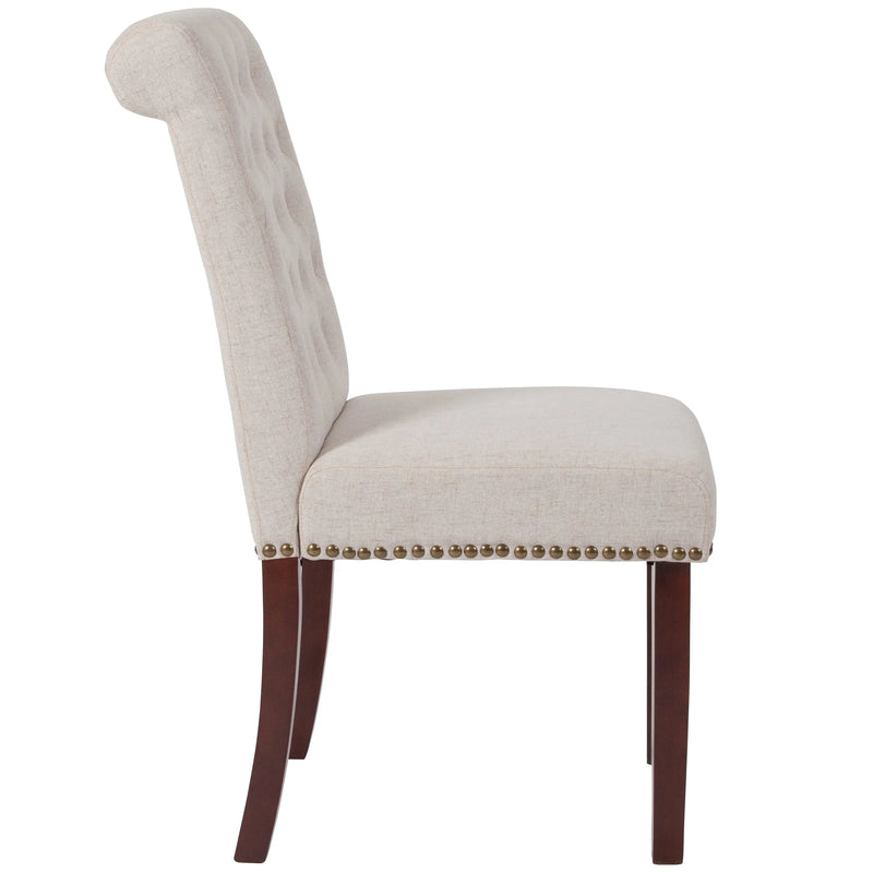 Joanne Beige Fabric Parsons Chair with Rolled Back, Nail Trim/Walnut Finish iHome Studio