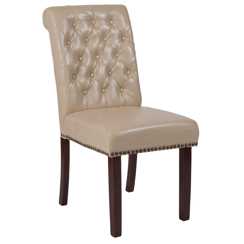 Joanne Beige Faux Leather Parsons Chair with Rolled Back, Nail Trim/Walnut Finish iHome Studio