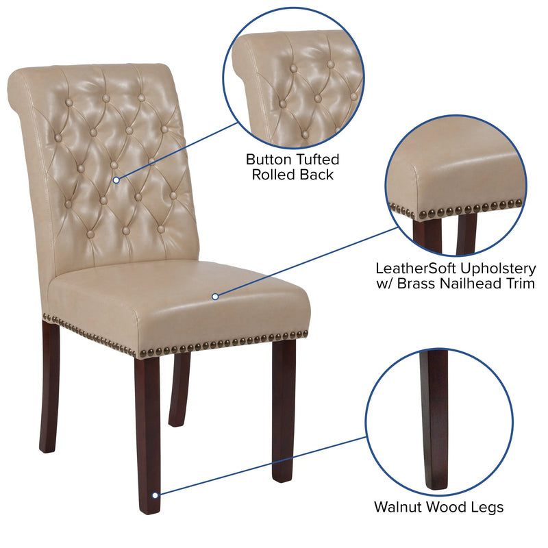 Joanne Beige Faux Leather Parsons Chair with Rolled Back, Nail Trim/Walnut Finish iHome Studio