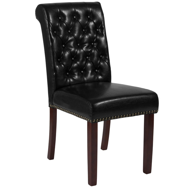 Joanne Black Faux Leather Parsons Chair with Rolled Back, Nail Trim/Walnut Finish iHome Studio
