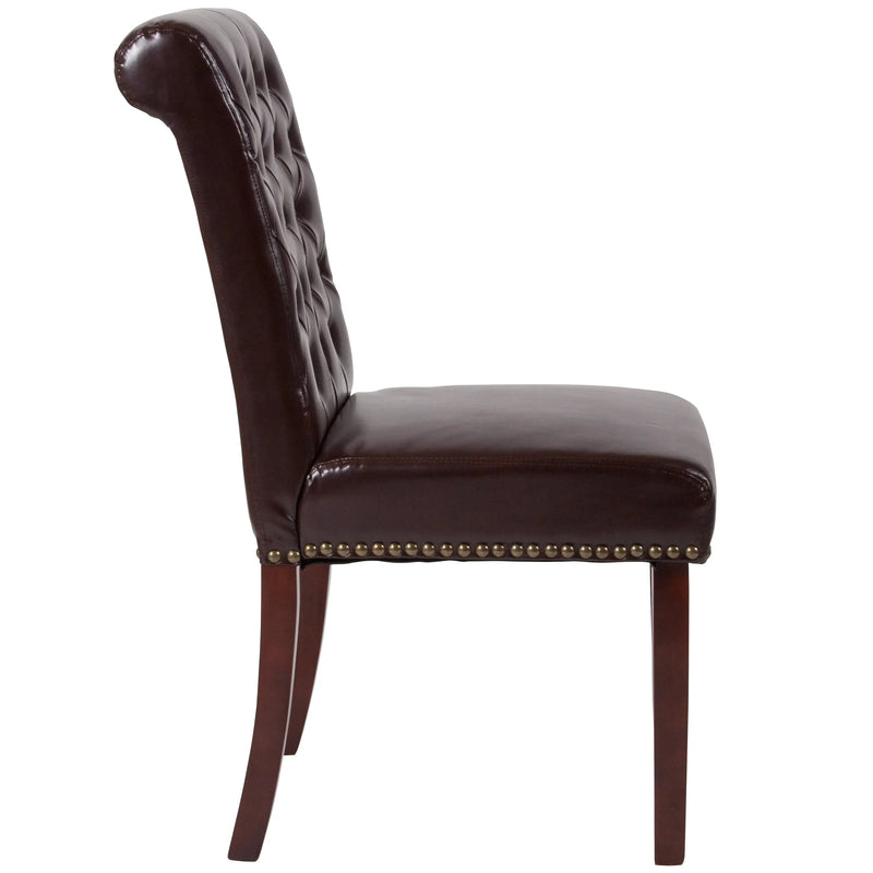Joanne Brown Faux Leather Parsons Chair with Rolled Back, Nail Trim/Walnut Finish iHome Studio