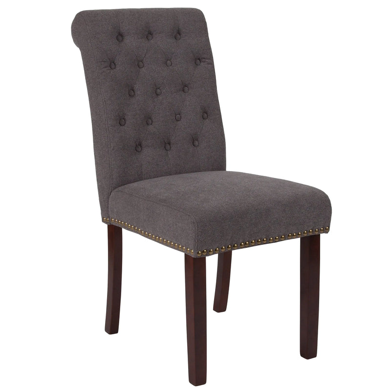 Joanne Dark Gray Fabric Parsons Chair with Rolled Back, Nail Trim/Walnut Finish iHome Studio