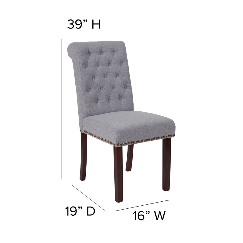 Joanne Light Gray Fabric Parsons Chair with Rolled Back, Nail Trim/Walnut Finish iHome Studio