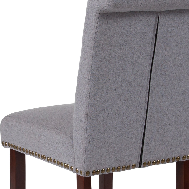 Joanne Light Gray Fabric Parsons Chair with Rolled Back, Nail Trim/Walnut Finish iHome Studio