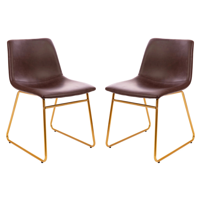 Johnson Mid-Back Dining Chair, Dark Brown Faux Leather/Gold Frame, Set of 2 iHome Studio