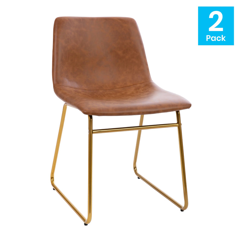 Johnson Mid-Back Dining Chair, Light Brown Faux Leather/Gold Frame, Set of 2 iHome Studio