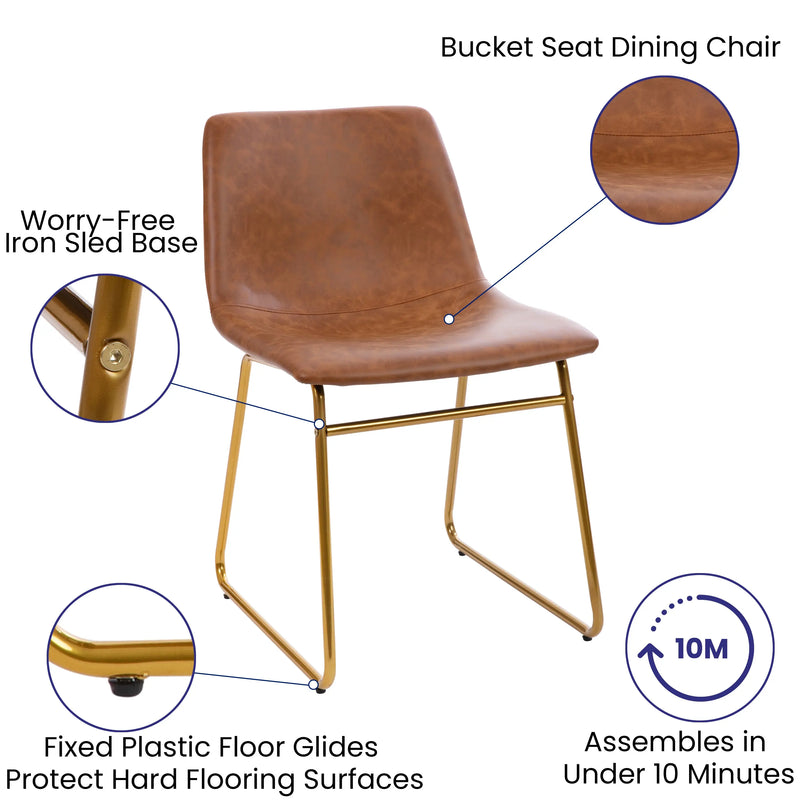 Johnson Mid-Back Dining Chair, Light Brown Faux Leather/Gold Frame, Set of 2 iHome Studio