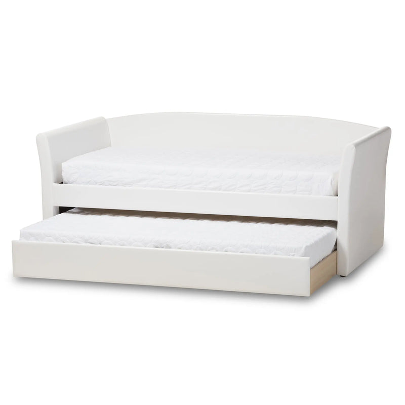 Jolene White Faux Leather Upholstered Daybed w/Guest Trundle Bed iHome Studio