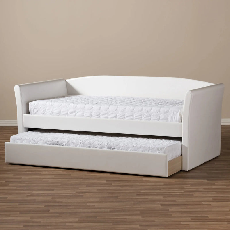 Jolene White Faux Leather Upholstered Daybed w/Guest Trundle Bed iHome Studio