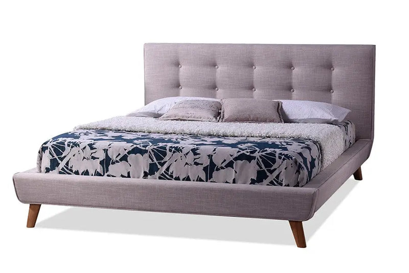 Jonesy Beige Fabric Upholstered Platform Bed w/Button Tufted Headboard (Full) iHome Studio