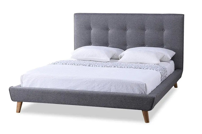 Jonesy Grey Fabric Upholstered Platform Bed w/Button Tufted Headboard (Queen) iHome Studio