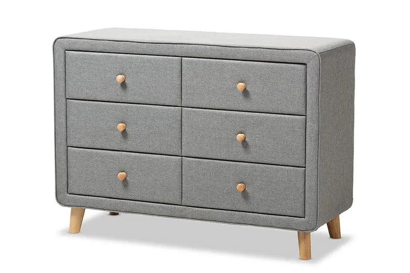 Jonesy Mid-Century Grey Fabric Upholstered 6-Drawer Dresser iHome Studio