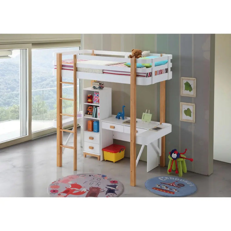 Kameron Twin Loft Bed w/Side Desk, White & Natural iHome Studio