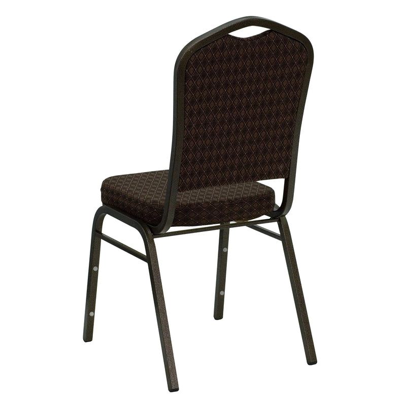 Katherine Crown Back Stacking Banquet Chair, Brown Patterned Fabric - Gold Vein Frame iHome Studio