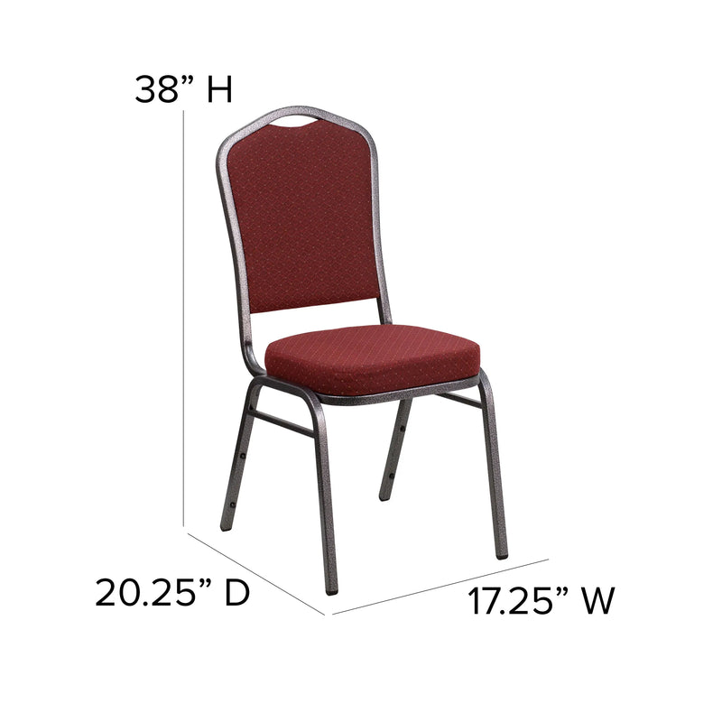 Katherine Crown Back Stacking Banquet Chair, Burgundy Patterned Fabric - Silver Vein Frame iHome Studio
