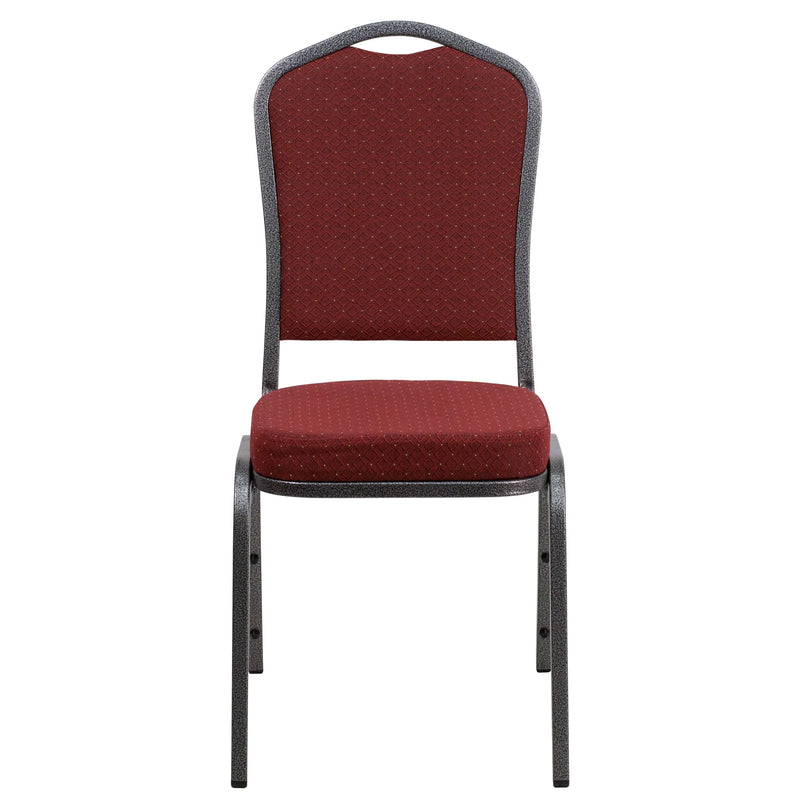 Katherine Crown Back Stacking Banquet Chair, Burgundy Patterned Fabric - Silver Vein Frame iHome Studio
